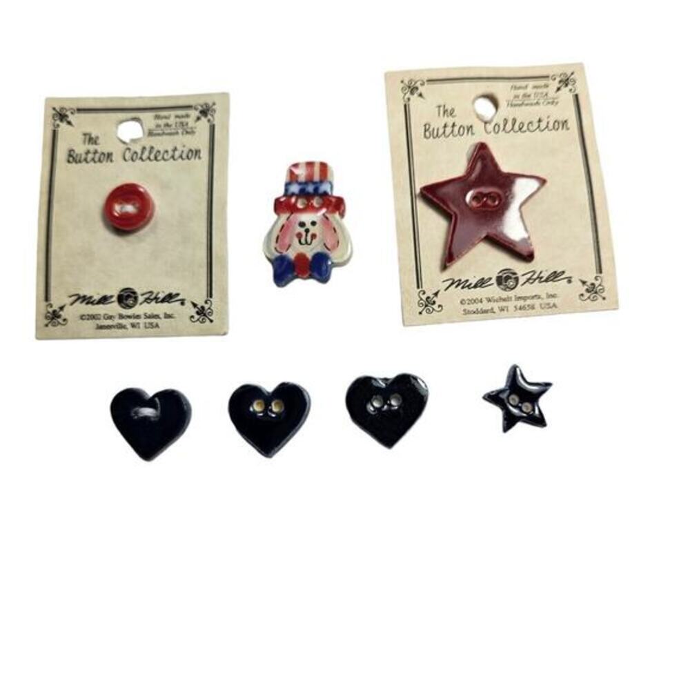 Mill Hill Americana Patriotic‎ Ceramic Buttons Lot of 7 Variety Stitching New